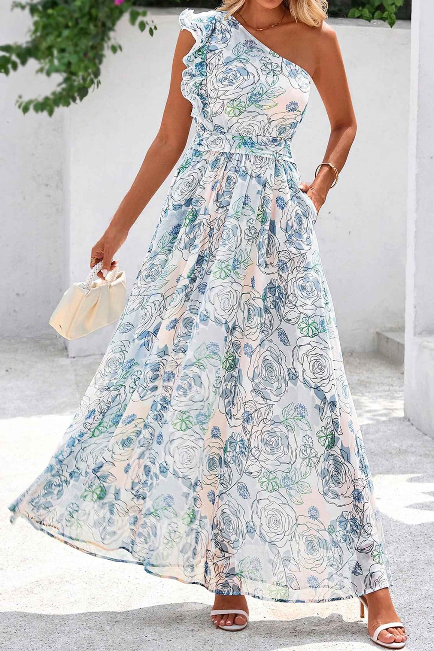 blue floral one shoulder sybil maxi dress Homecoming Dresses Blue Floral Floral One Shoulder Maxi Dress Hyacinth House Blue Floral One Shoulder Sybil