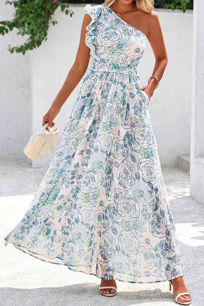 Sky Blue Floral Print Ruffled One Shoulder Vacation Maxi Dress