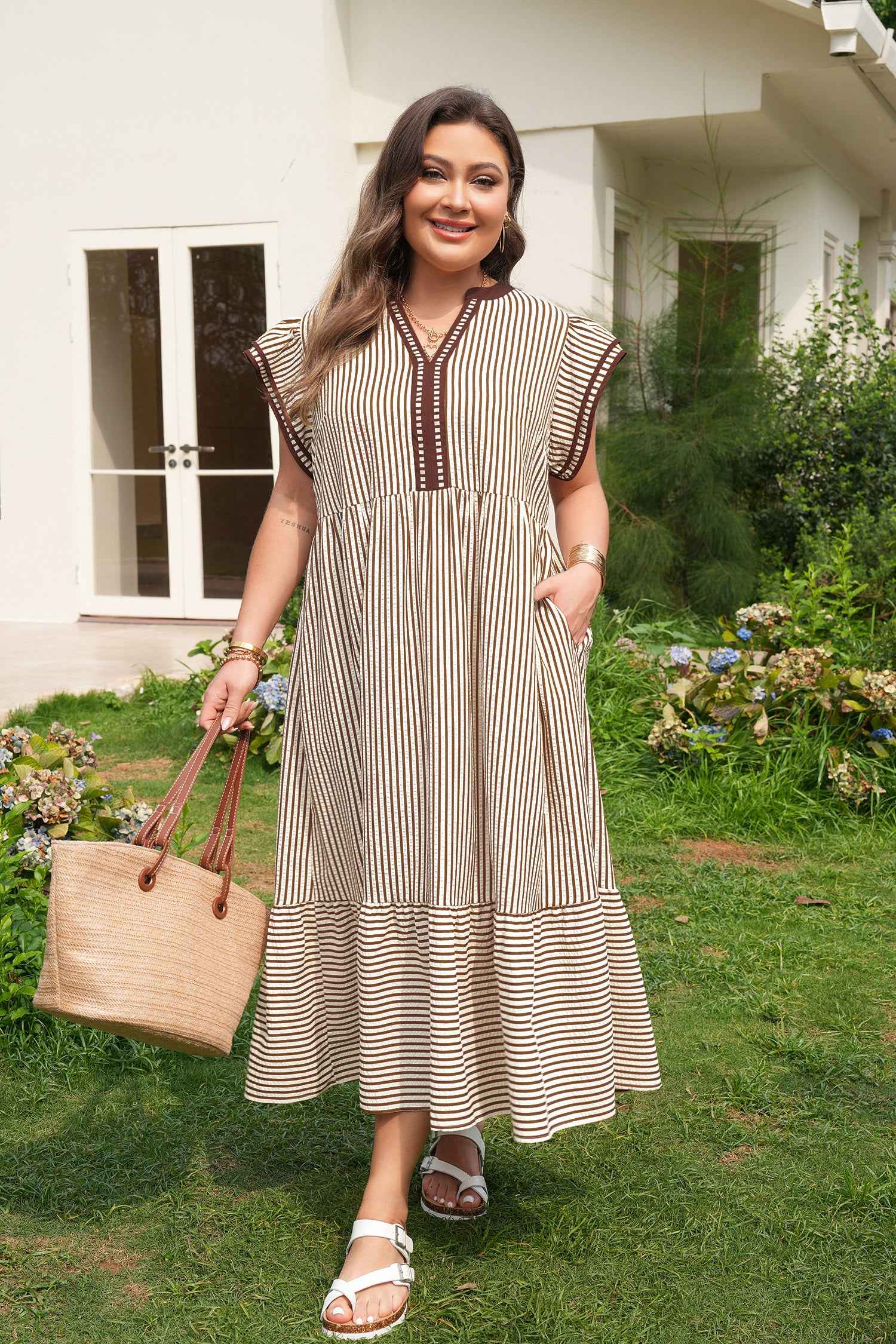 Brown Stripe Plus Size Slit V Neck Tiered Flutter Sleeve Maxi Dress