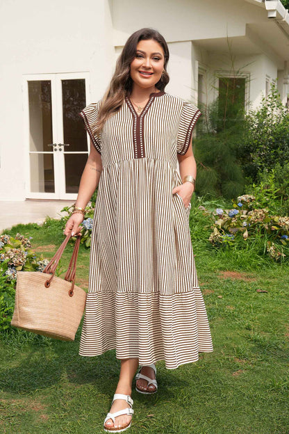 Brown Stripe Plus Size Slit V Neck Tiered Flutter Sleeve Maxi Dress