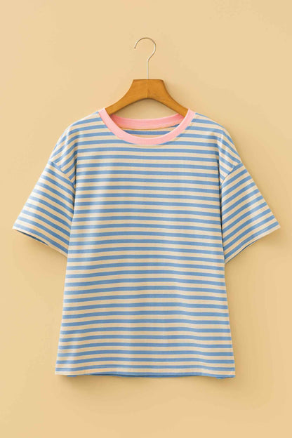 Sky Blue Stripe Contrast Crew Neck Drop Shoulder Loose Tee