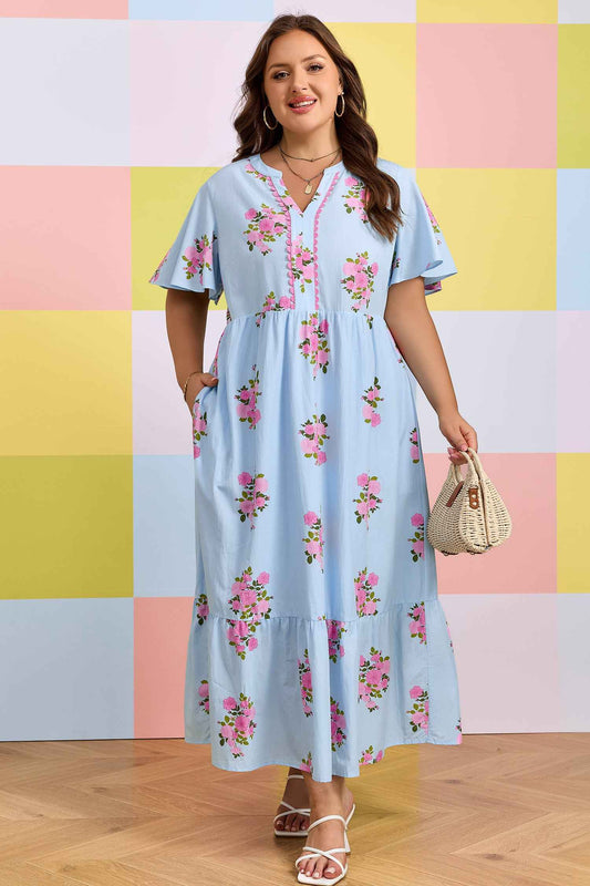 Sky Blue Plus Size Floral Print Scalloped Trim V-Neck Dress