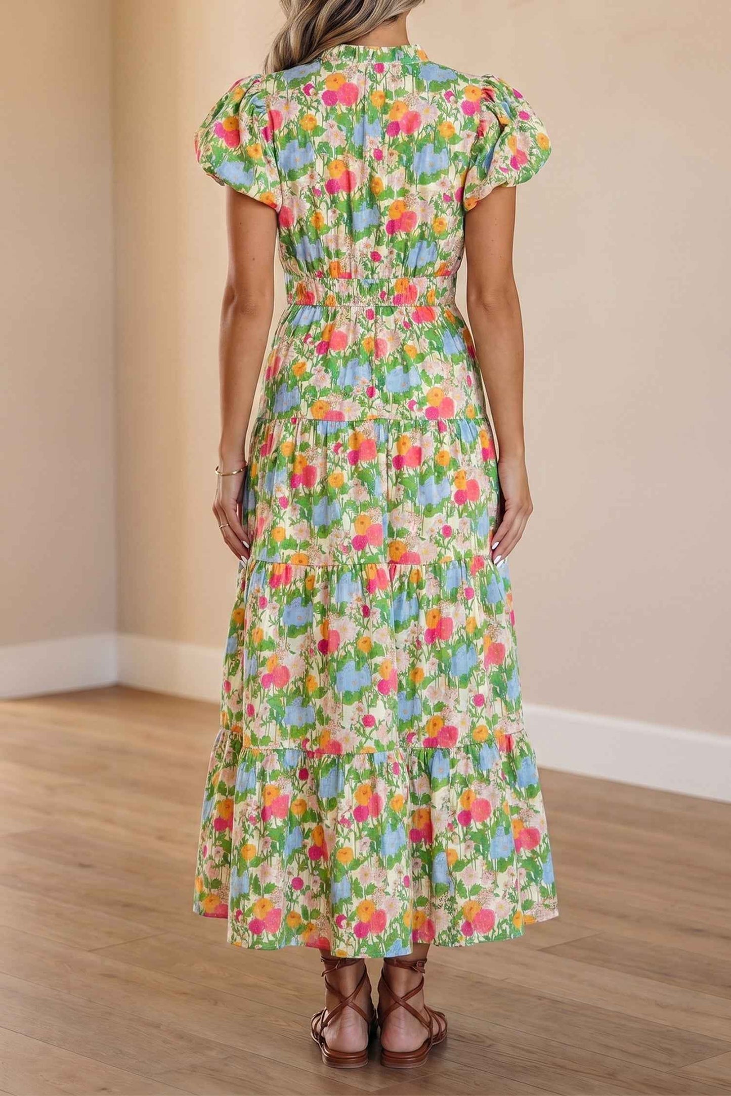 Green Floral Print V Neck Short Puff Sleeve Cotton Maxi Dress