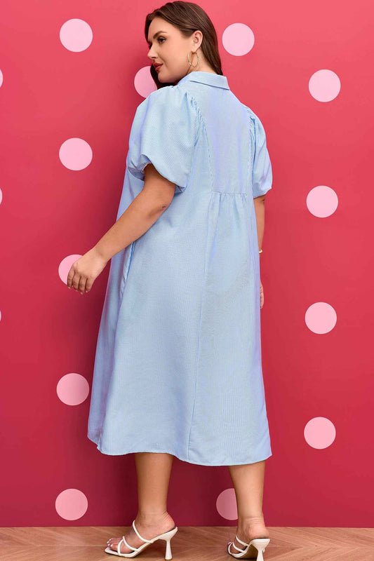 Sky Blue Stripe Shirred Detail Collar V Neck Plus Size Midi Dress