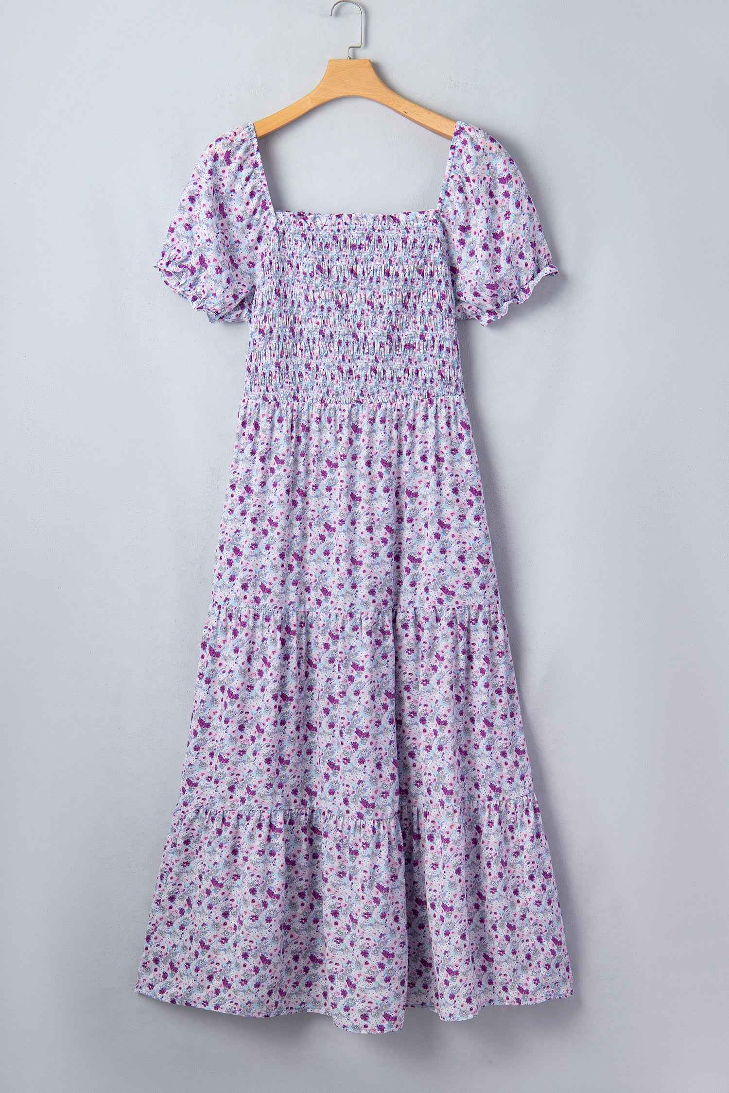 Purple Plus Size Floral Print Square Neck Smocked Maxi Dress