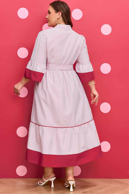 Red Stripe Plus Size Ruffled Hem Pinstriped Midi Dress