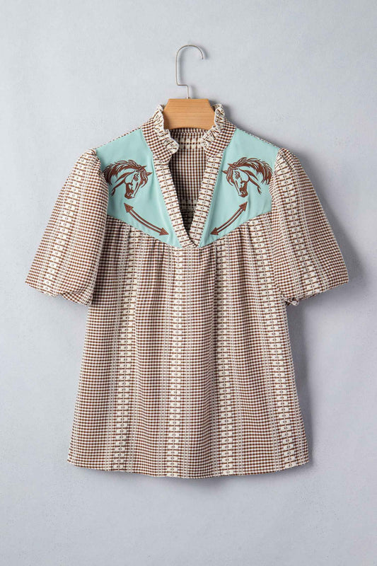 Brown Western Pony Embroidered Yoke Puff Sleeve Gingham Blouse
