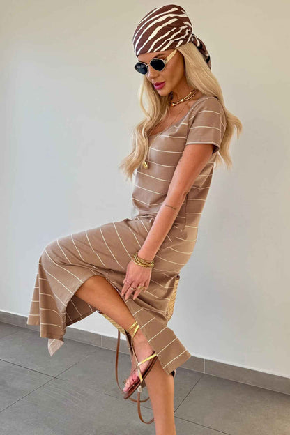 Khaki Stripe Casual Short Sleeve Side Slit Maxi T Shirt Dress