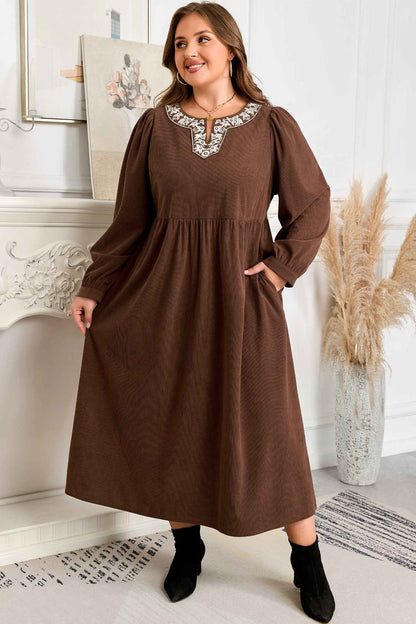 Coffee Embroidered Notched Neckline Textured Pleated High Waist Plus Size Midi Dress