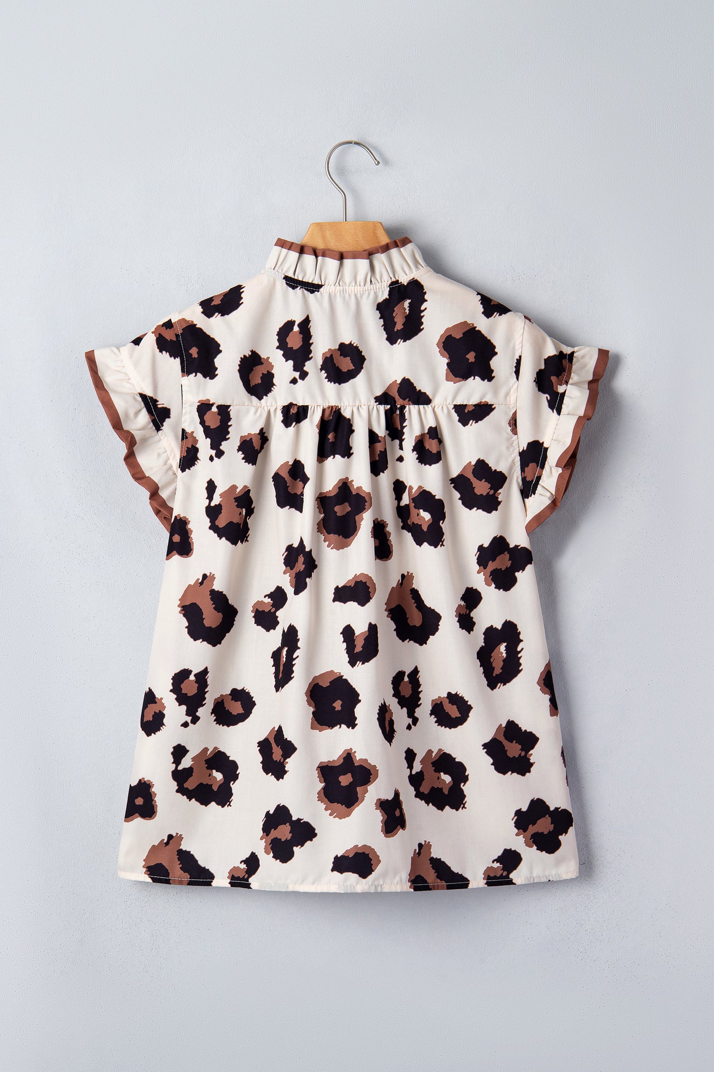 Khaki Leopard Printed Ruffle Sleeve Summer Blouse