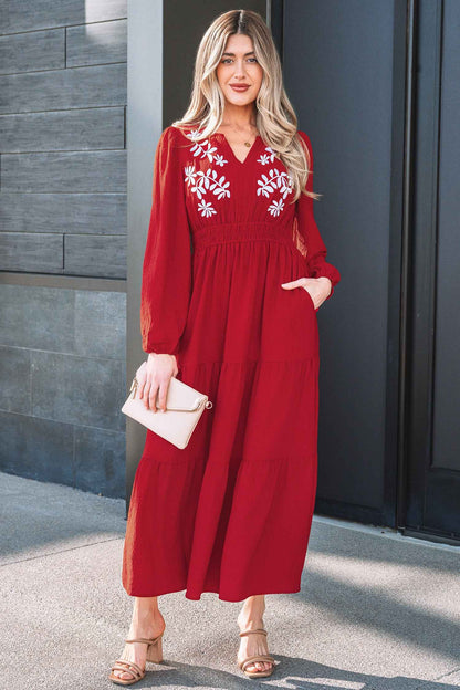 Racing Red Contrast Embroidered Detail Cinched Waist Tiered Long Sleeve Maxi Dress