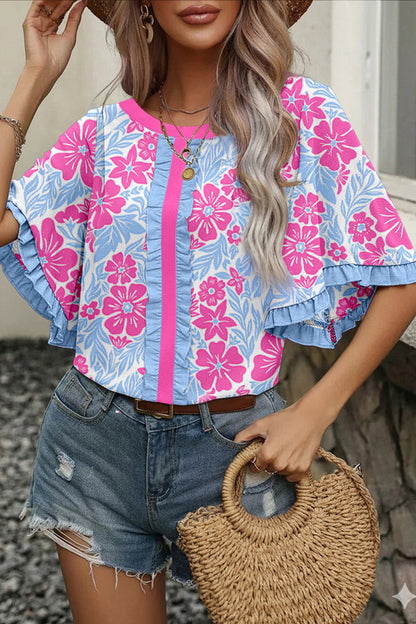 Purple Floral Print Ruffled Color Block Trim Half Sleeve Blouse