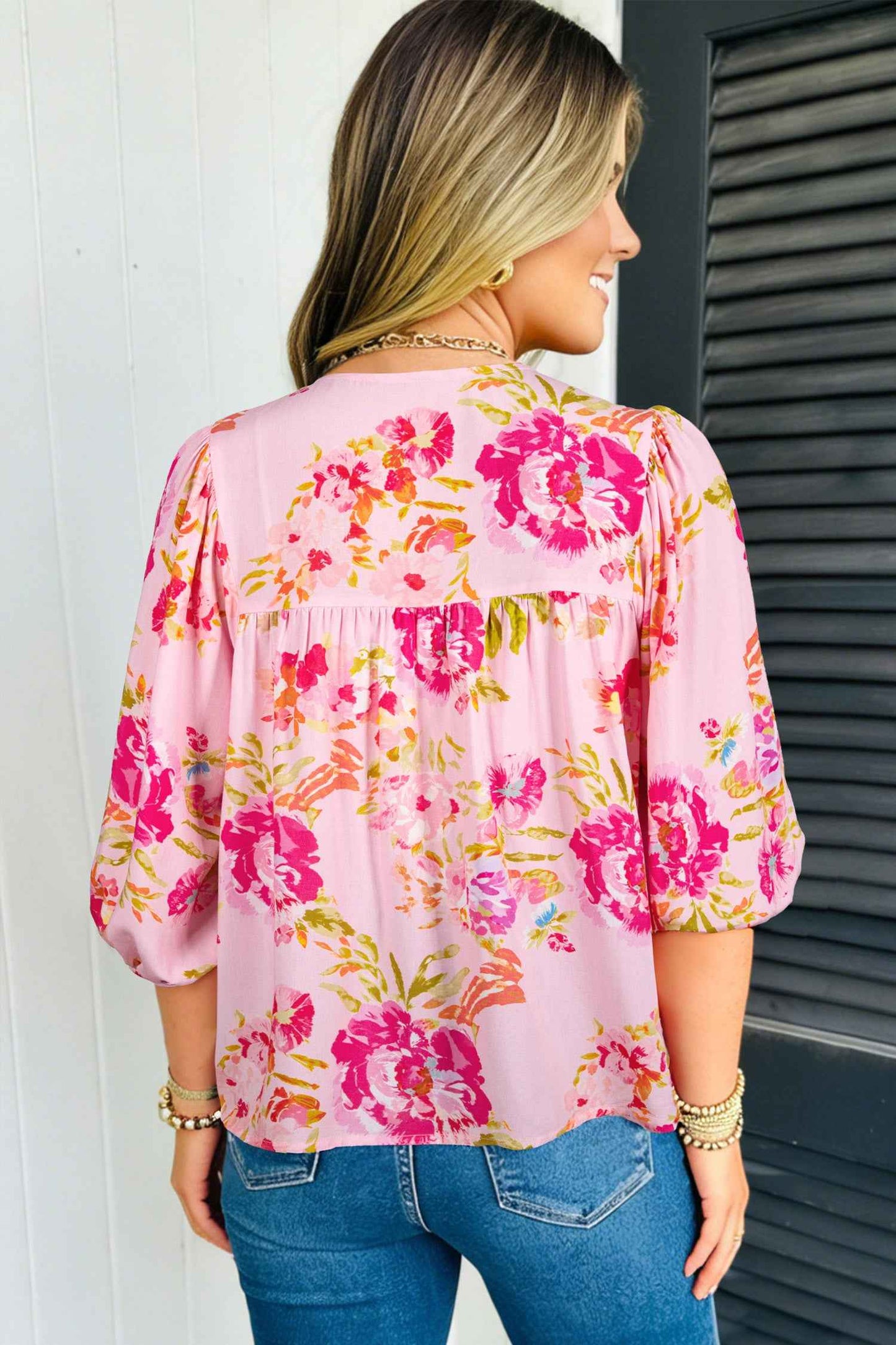 Pink Floral Print Tie Neck Puffy Half Sleeve Blouse
