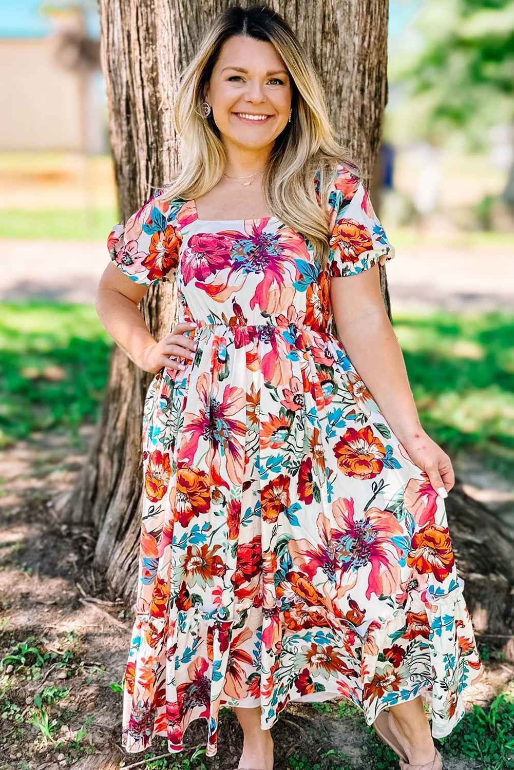 White Floral Square Neck Puff Sleeve Flowy Plus Size Midi Dress White Floral Square Neck Puff Sleeve Flowy Plus Size Midi Dress