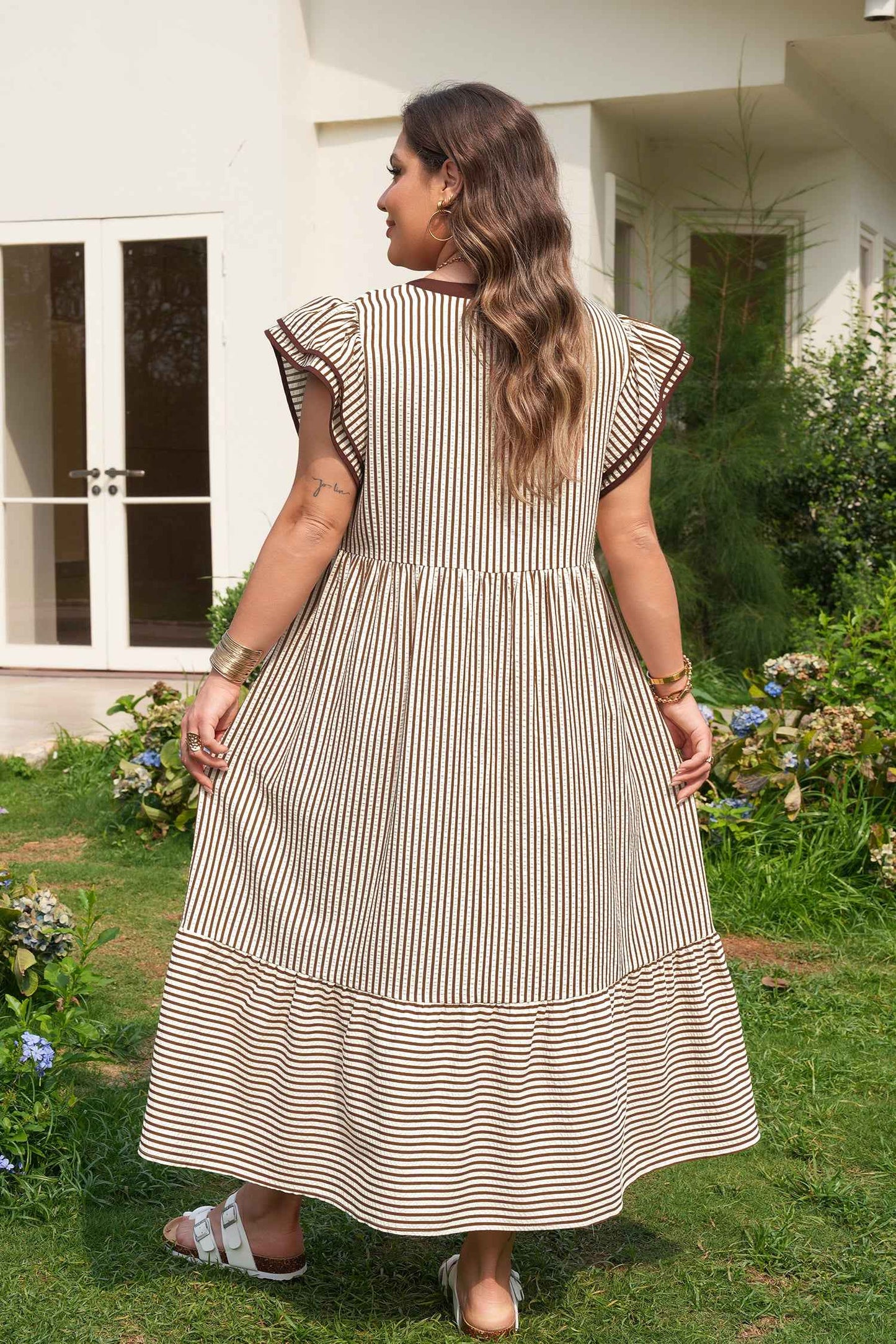 Brown Stripe Plus Size Slit V Neck Tiered Flutter Sleeve Maxi Dress