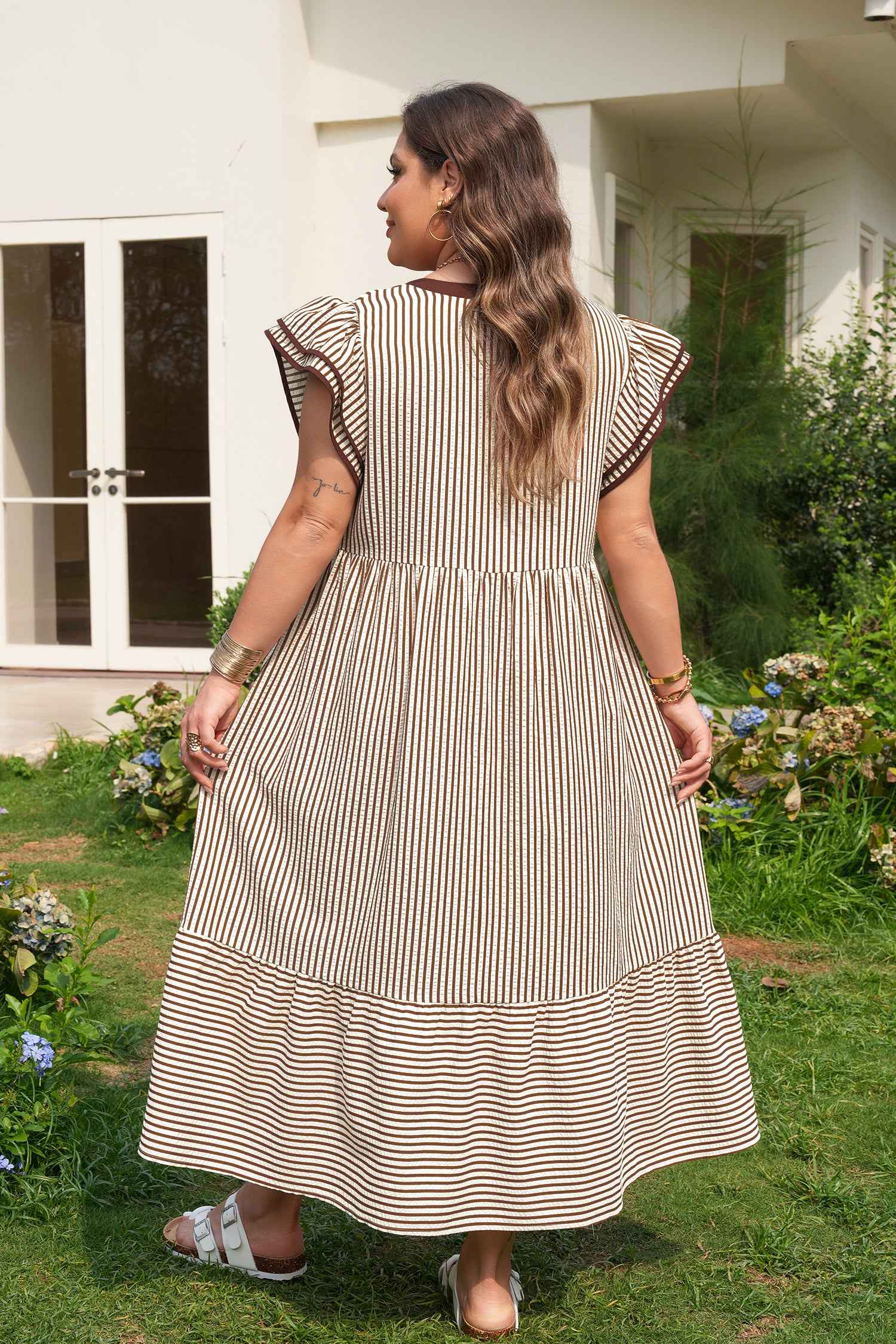 Brown Stripe Plus Size Slit V Neck Tiered Flutter Sleeve Maxi Dress