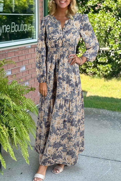 Brown Floral Print Smocked High Waist Long Sleeve Maxi Dress