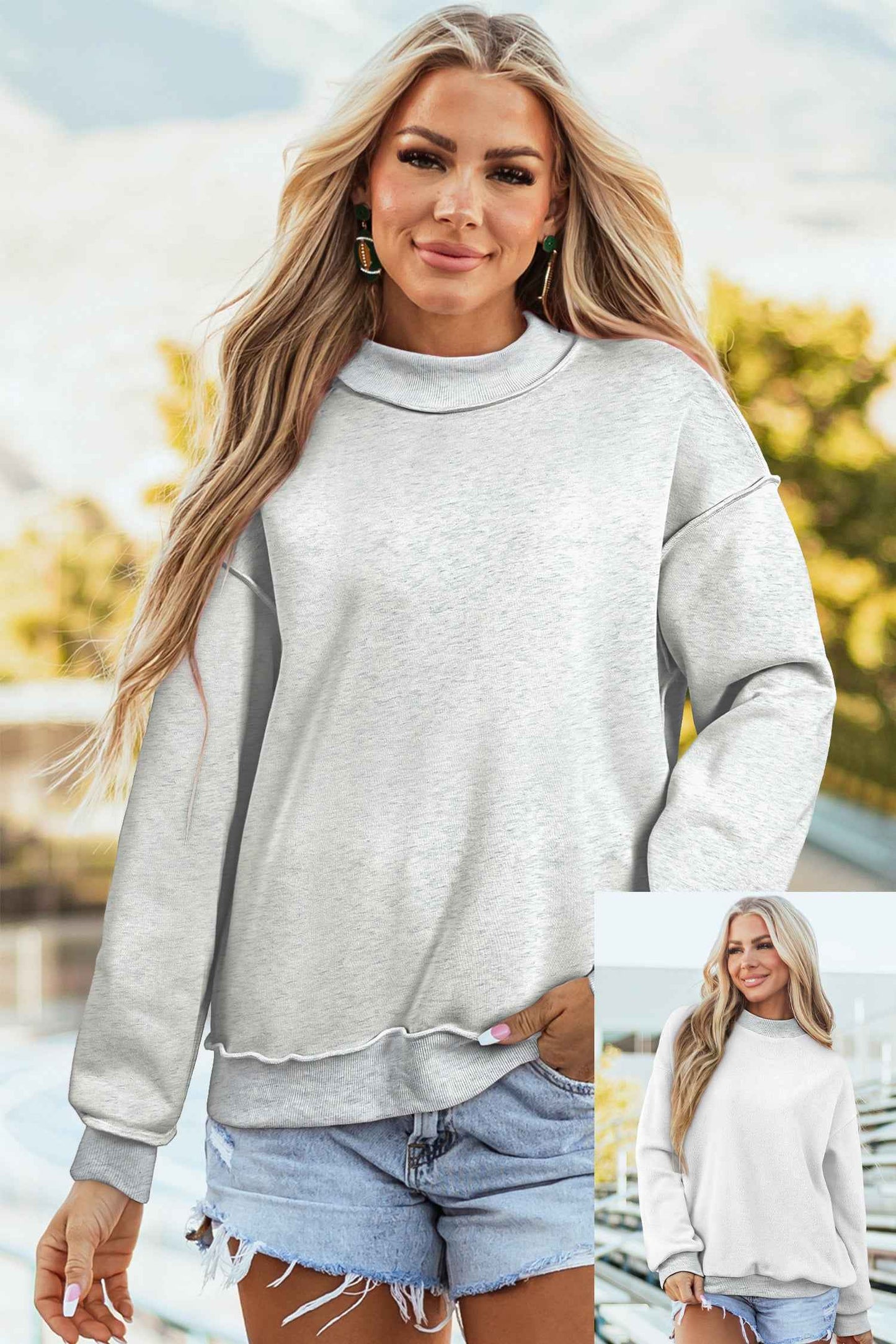 Dark Blue Oversize Drop Shoulder Reversible Mock Neck Sweatshirt