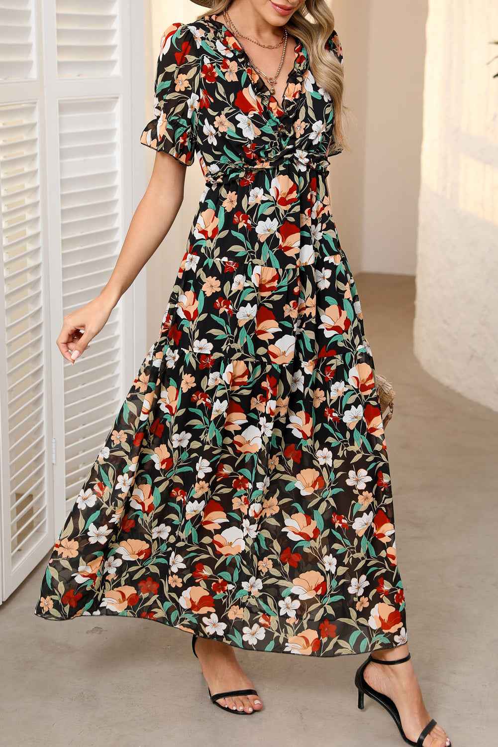 maxi dress with short sleeves Sky Blue Fiery Floral Print Frilled V Neck Short Sleeve Maxi Dress