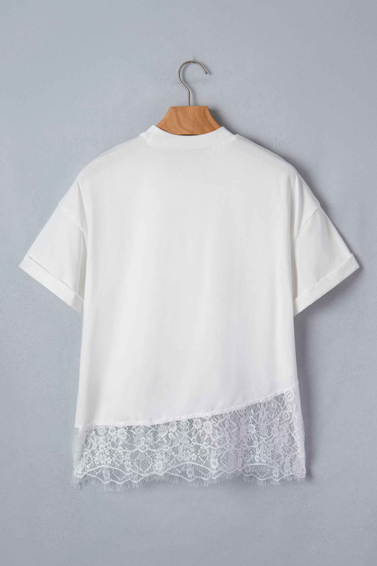 White Asymmetric Lace Hem Patchwork Tee