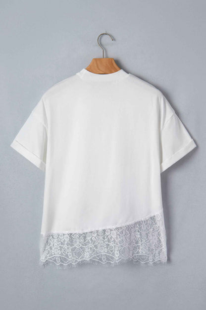 White Asymmetric Lace Hem Patchwork Tee