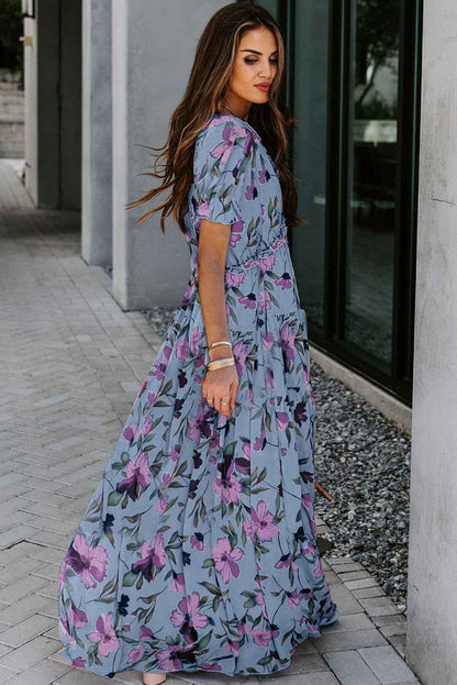 Sky Blue Fiery Floral Print Frilled V Neck Short Sleeve Maxi Dress