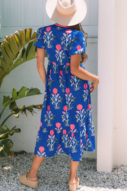 White Floral Puff Short Sleeve V Neck High Waist Maxi Dress