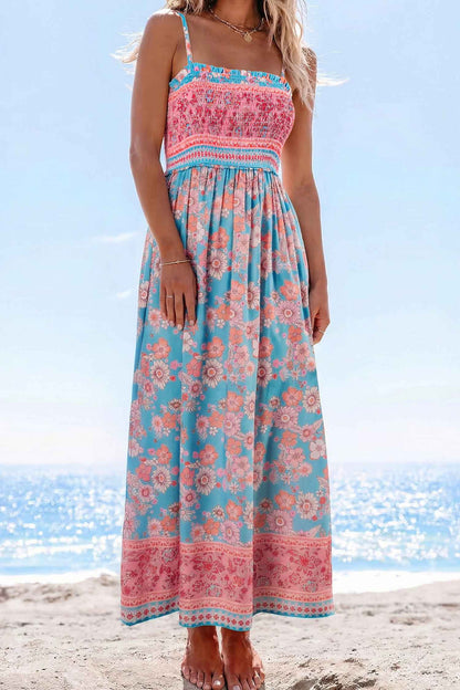 Sky Blue Bohemian Ethnic Print Spaghetti Straps Vacation Maxi Dress