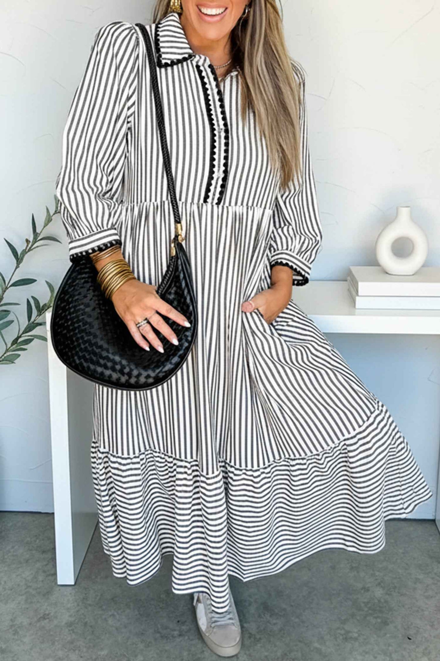 Black Stripe Scallop Trim Shirt Collar Half Button 3/4 Sleeve Long Dress