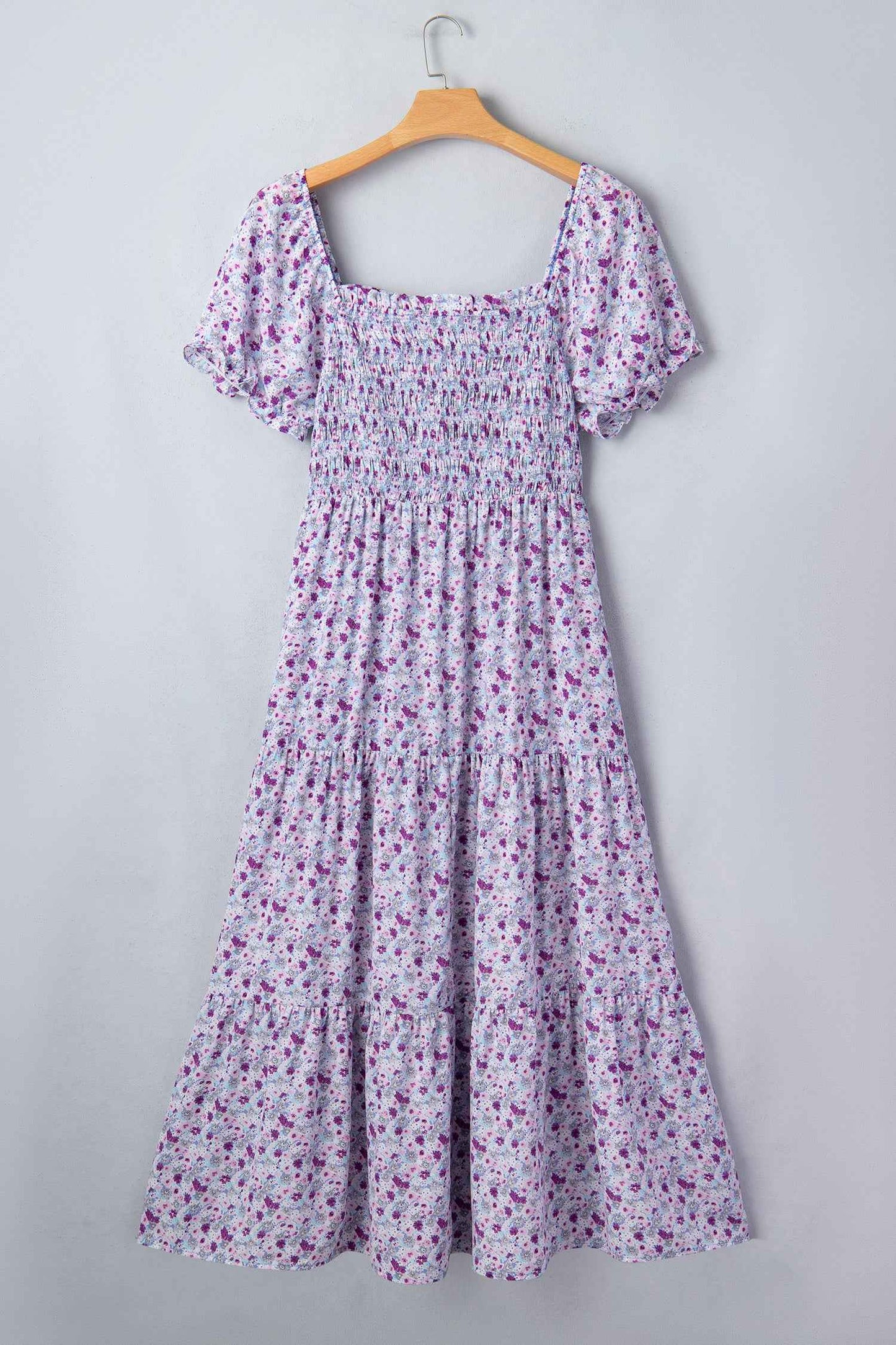 Purple Plus Size Floral Print Square Neck Smocked Maxi Dress