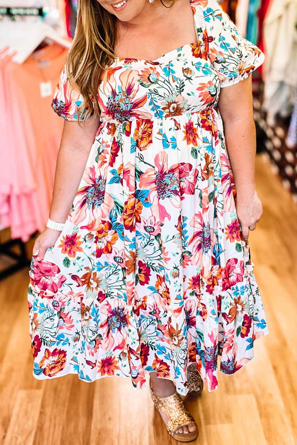 White Floral Square Neck Puff Sleeve Flowy Plus Size Midi Dress White Floral Square Neck Puff Sleeve Flowy Plus Size Midi Dress