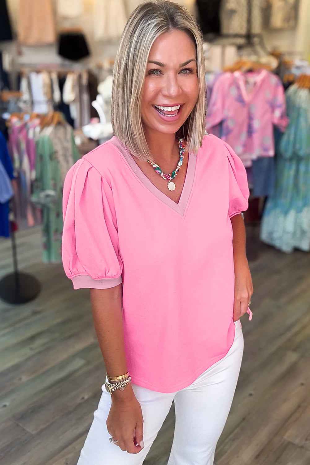 Bonbon Solid Color V Neck Short Puff Sleeve Blouse