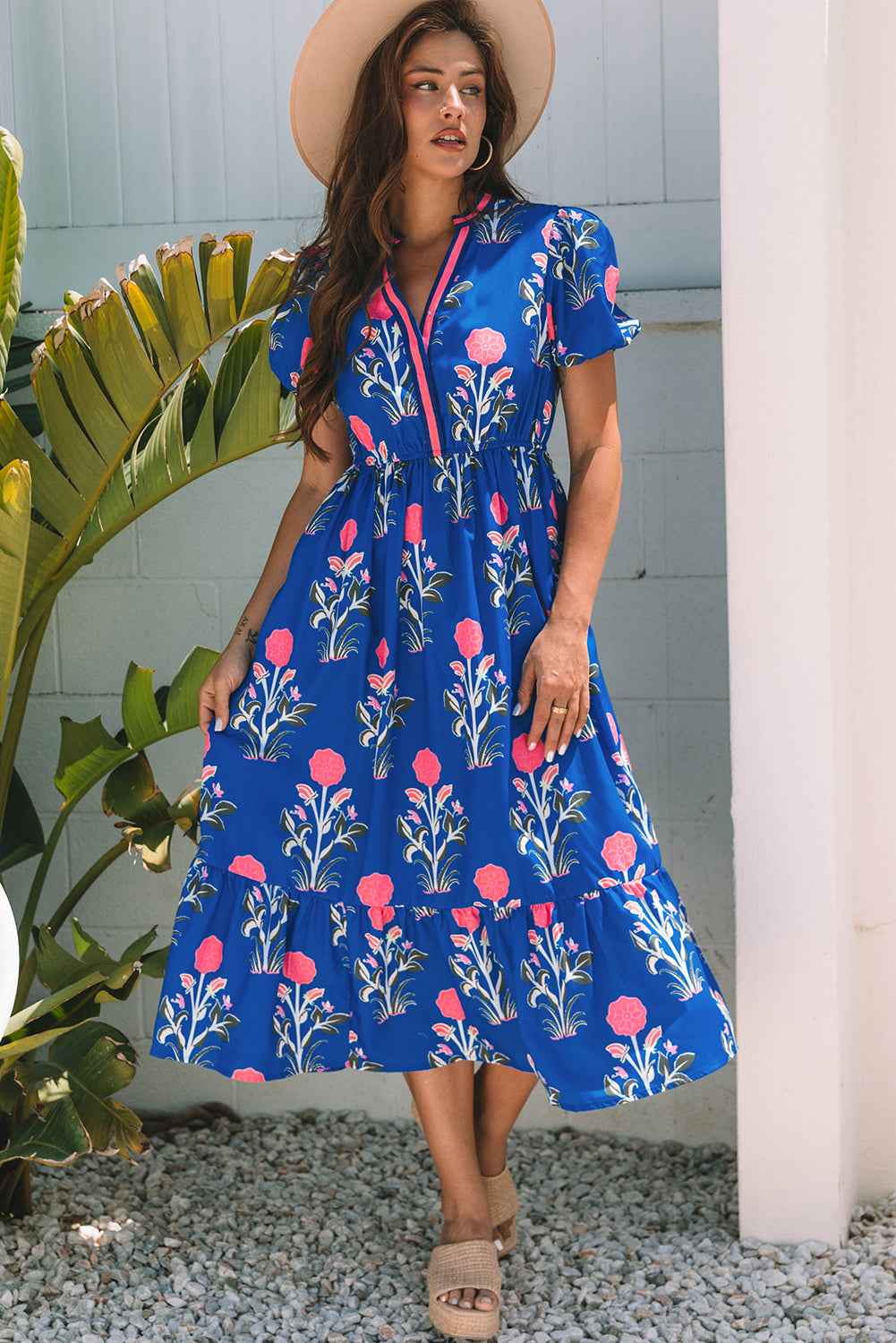 White Floral Puff Short Sleeve V Neck High Waist Maxi Dress