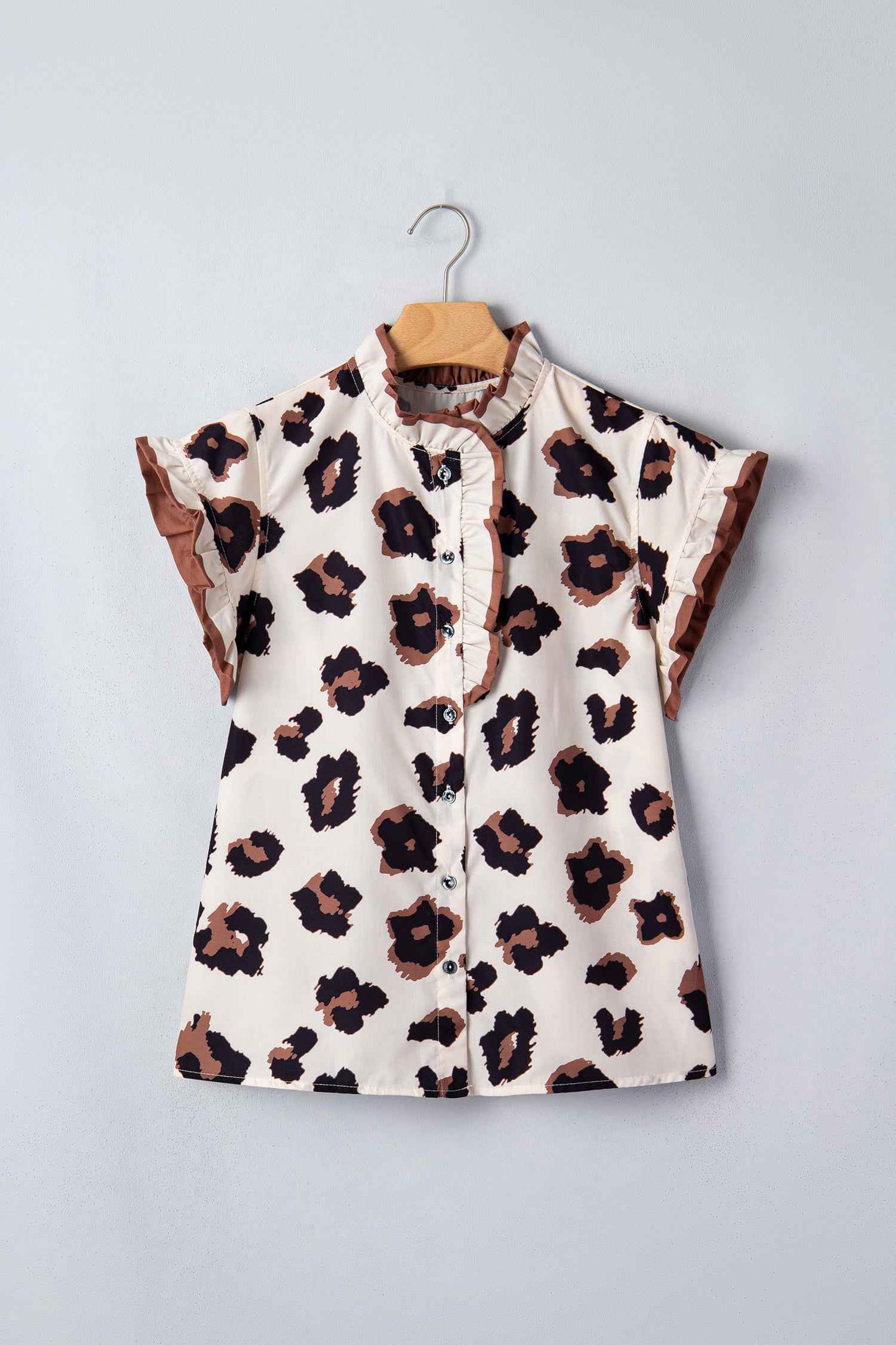 Khaki Leopard Printed Ruffle Sleeve Summer Blouse
