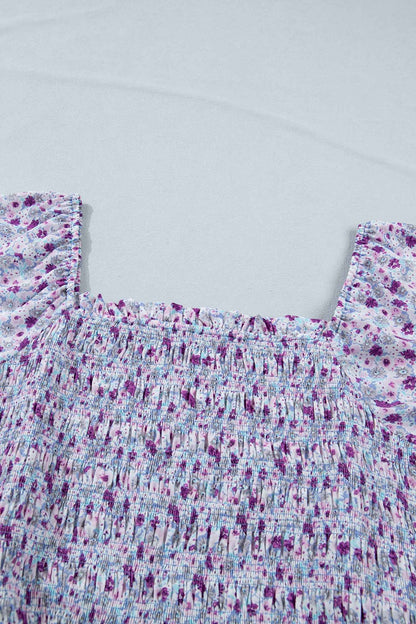 Purple Plus Size Floral Print Square Neck Smocked Maxi Dress
