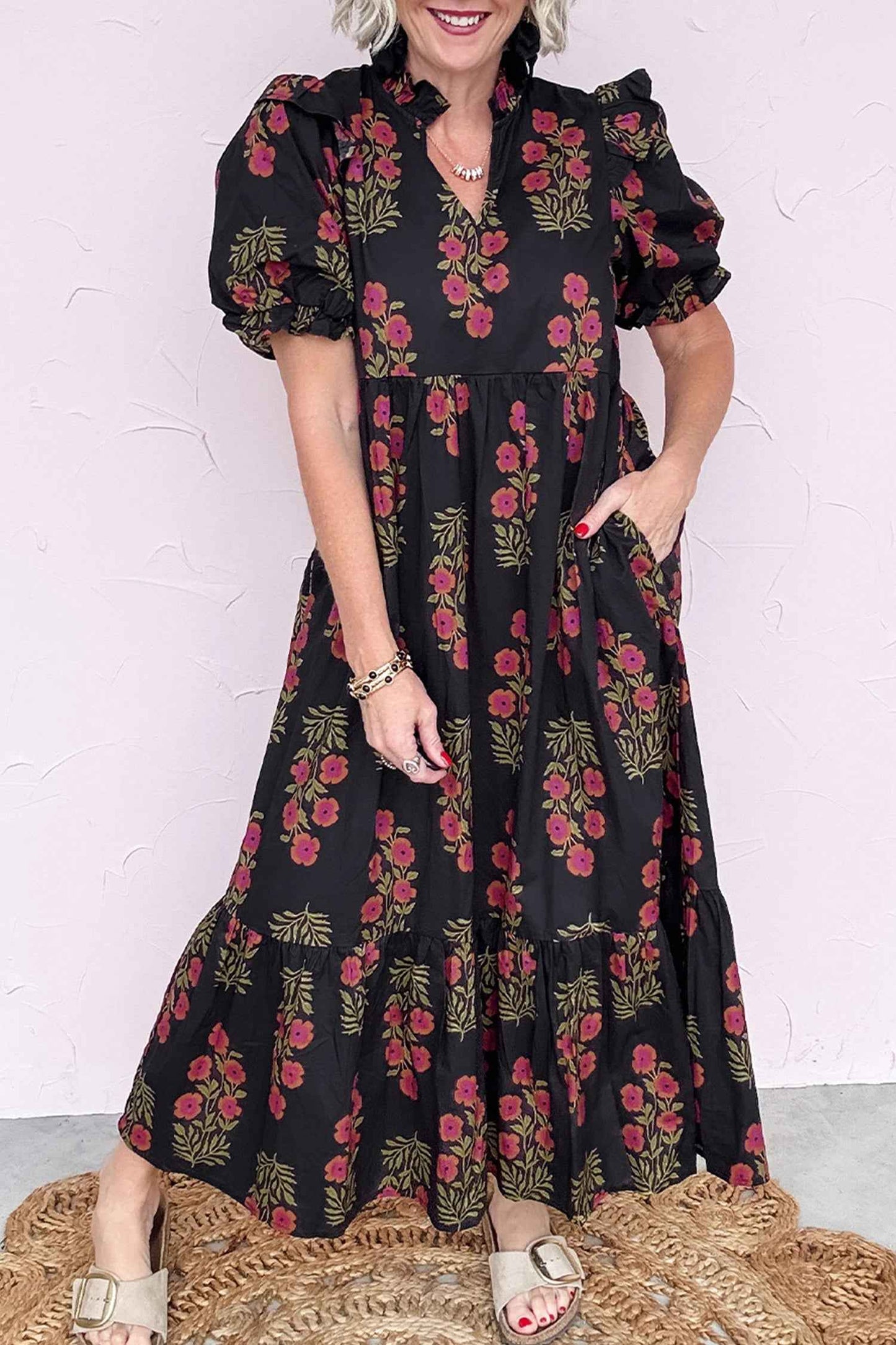 Black Floral Short Bubble Sleeve Tiered Maxi Dress