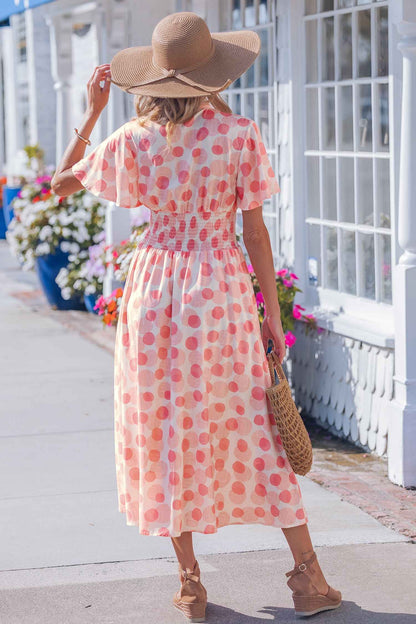 Pink Polka Dot Printed Ruffle Short Sleeve Zip Up Long Dress