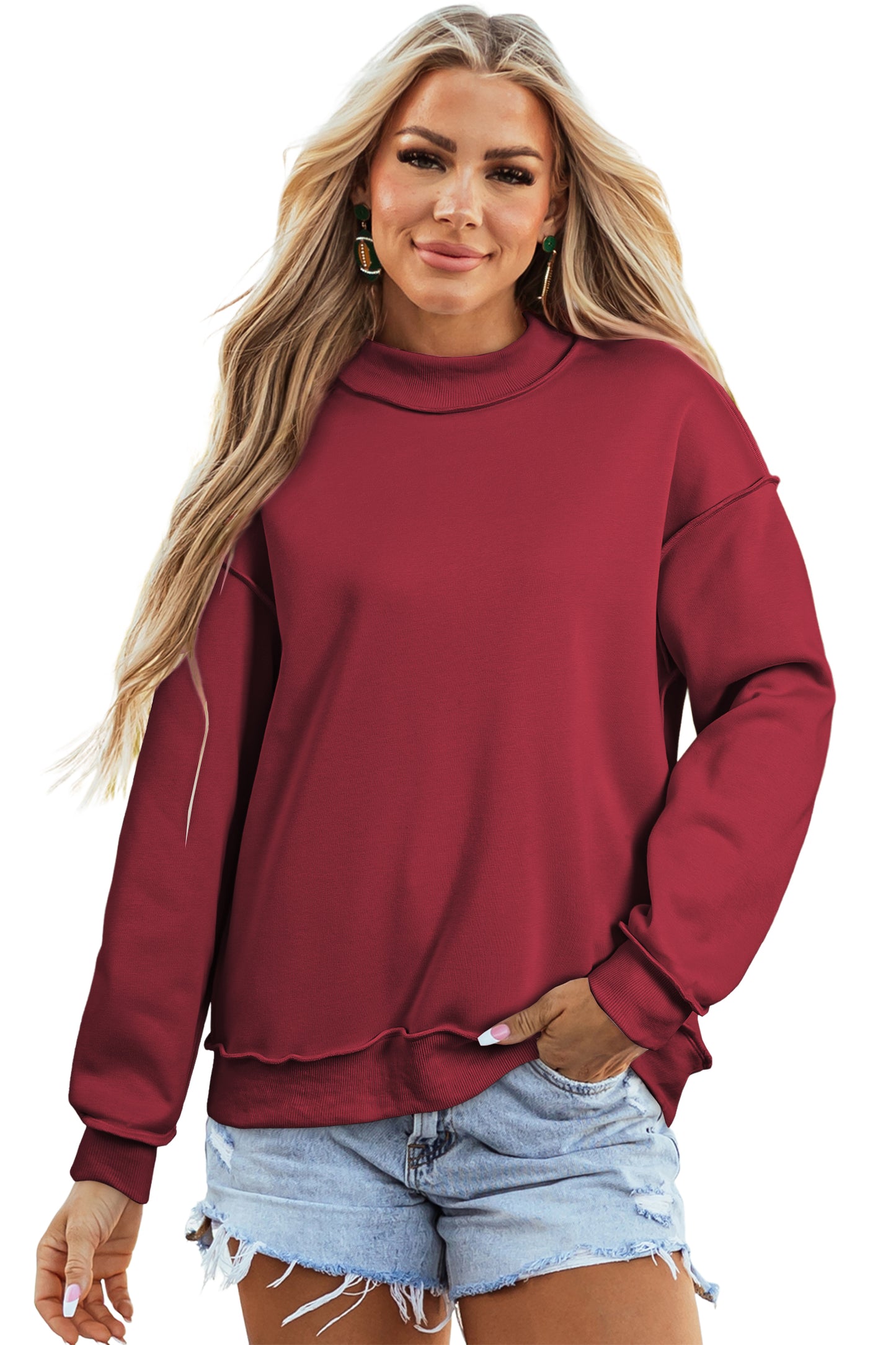 Dark Blue Oversize Drop Shoulder Reversible Mock Neck Sweatshirt