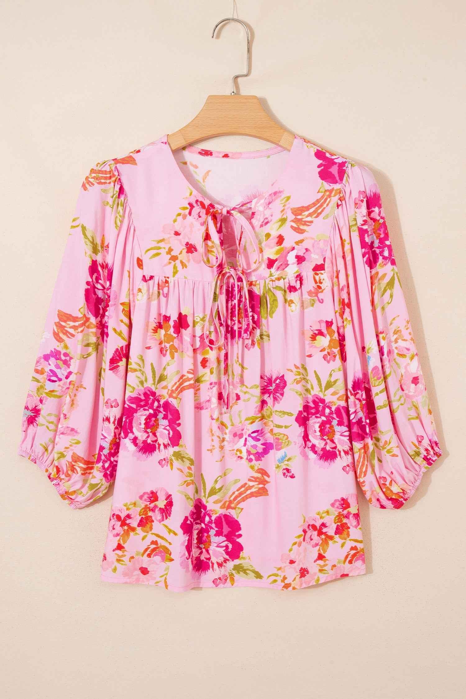 Pink Floral Print Tie Neck Puffy Half Sleeve Blouse
