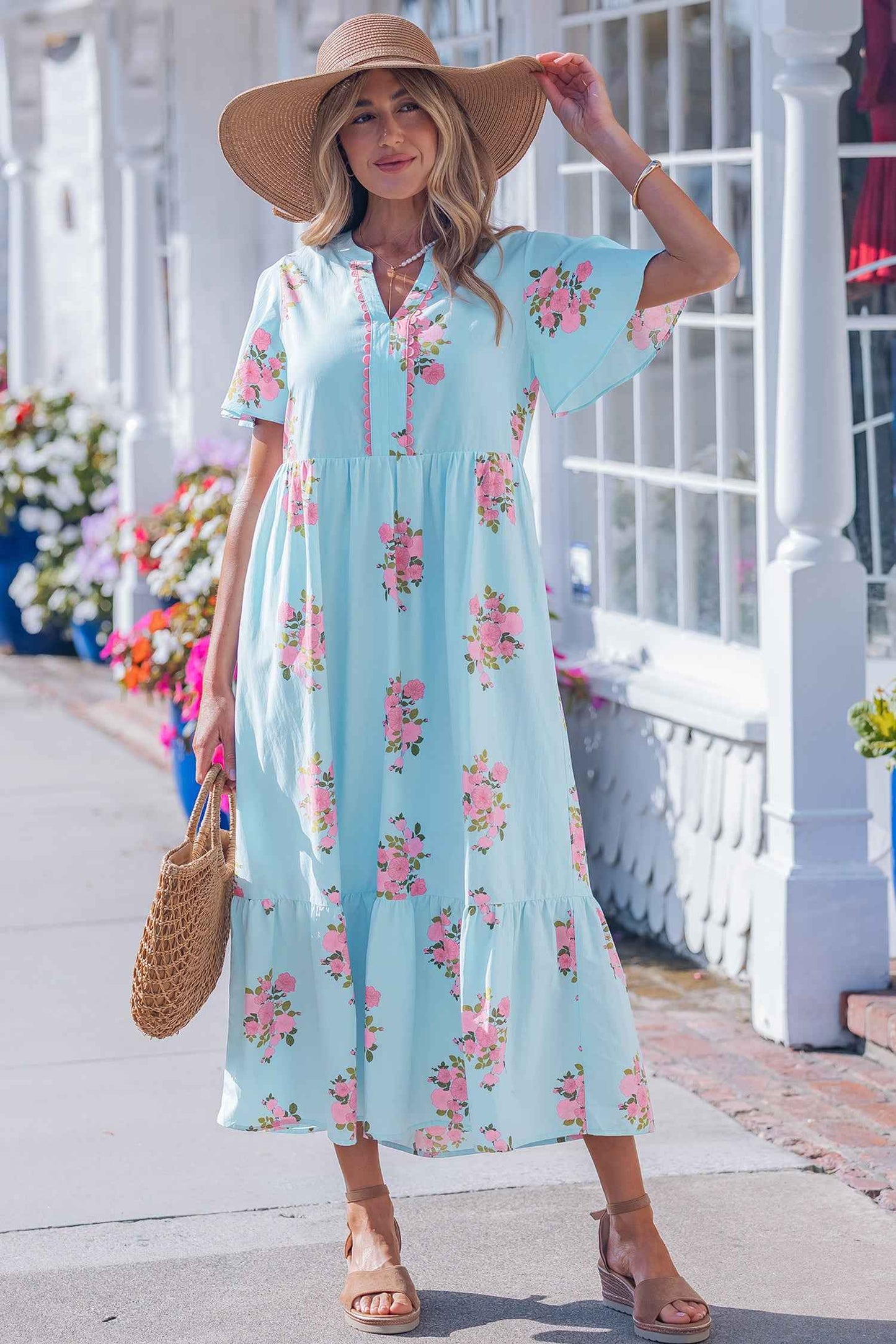 Pink Notched Neck Flutter Short Sleeve Floral Print Maxi Dress