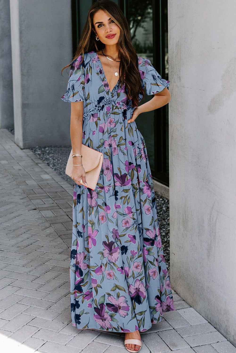 floral maxi dresses with short sleeves The Black V Neck Floral Short Sleeve Maxi Dress