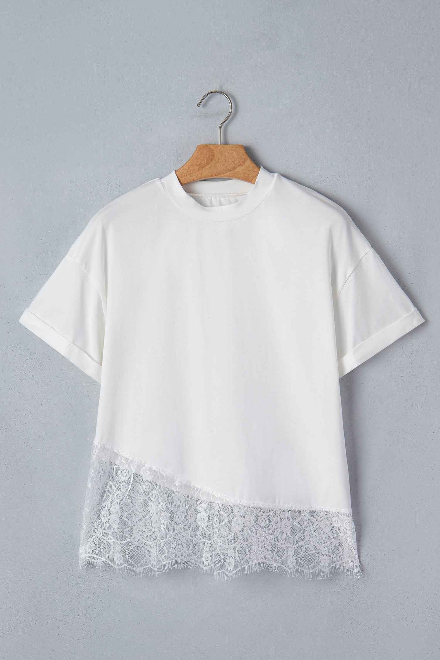 White Asymmetric Lace Hem Patchwork Tee