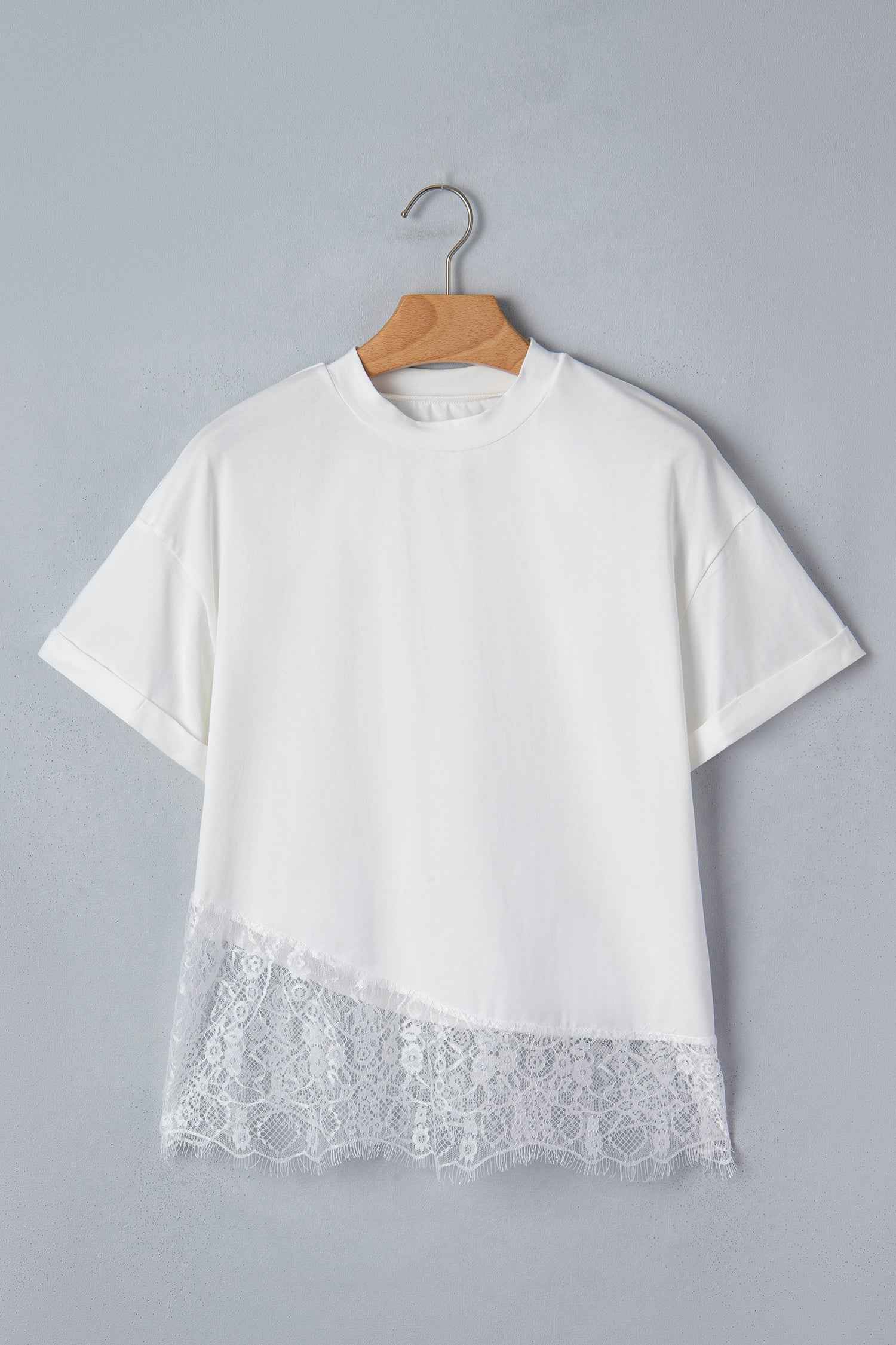 White Asymmetric Lace Hem Patchwork Tee