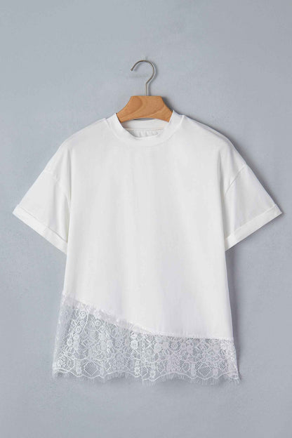 White Asymmetric Lace Hem Patchwork Tee