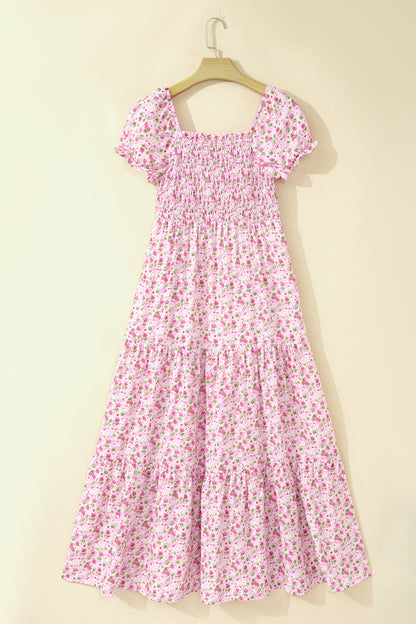 Pink Floral Short Bubble Sleeve Shirred High Waist Maxi Dress