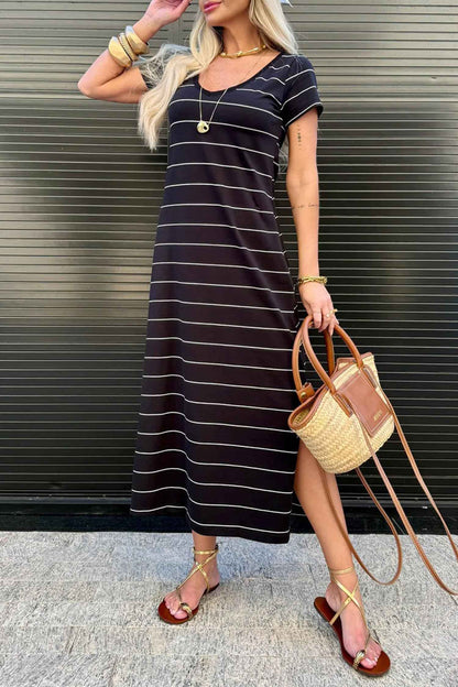 Khaki Stripe Casual Short Sleeve Side Slit Maxi T Shirt Dress
