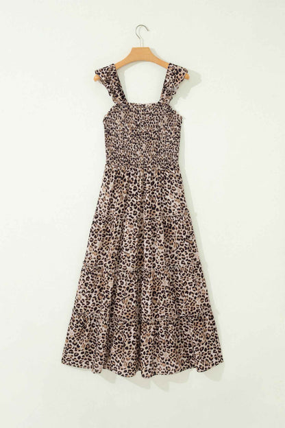 Brown Ruffled Straps Smocked Tiered Leopard Maxi Dress
