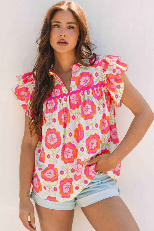 Rose Floral Ruffled Sleeve Ric-rac Trim Split Neck Loose Blouse