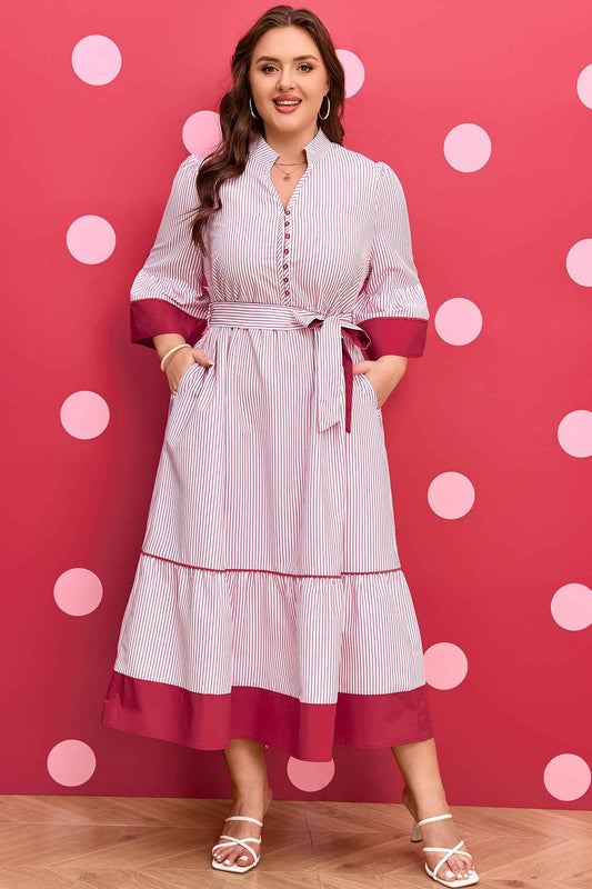 Red Stripe Plus Size Ruffled Hem Pinstriped Midi Dress