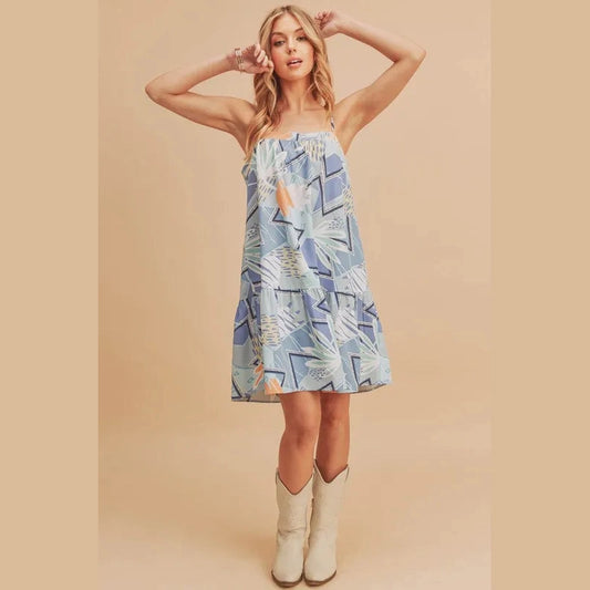 Aemi + Co Printed Ruffled Hem Square Neck Mini Cami Dress